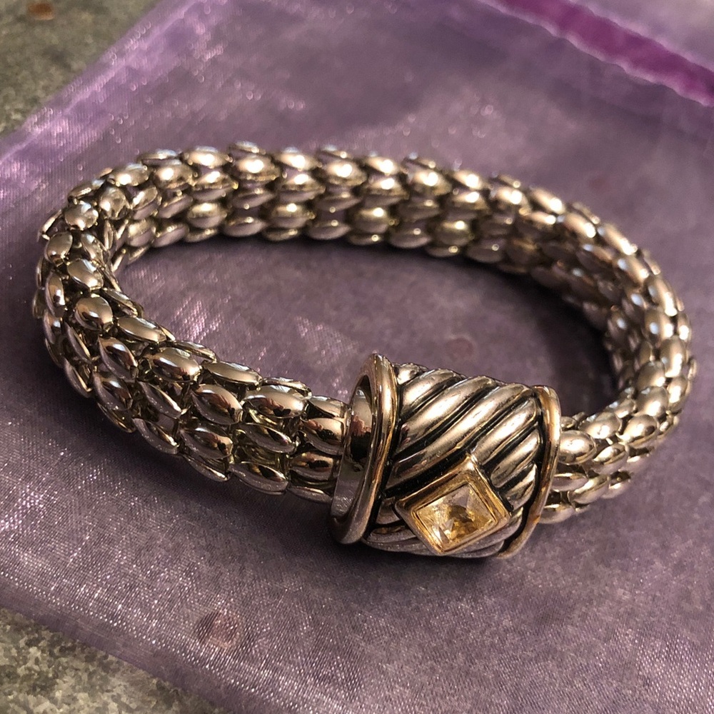 Silver-Tone Braided Magnetic Latch Bracelet with Gold Accent and Champagne Stone